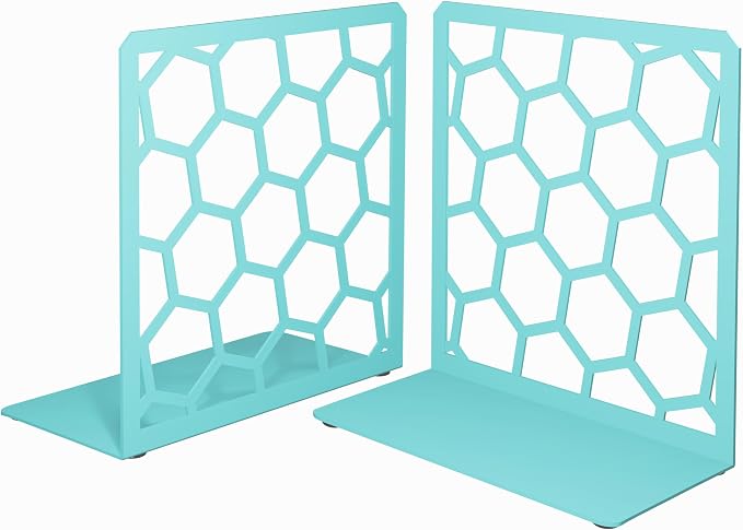 Turquoise Geometric Honeycomb Metal Bookends - Book Ends for Shelves - Decorative Modern Heavy Duty Bookend Stopper - Book Ends for Heavy Books - Home Office Book Holder - 1 Pair, 6x3.25x6.25 in