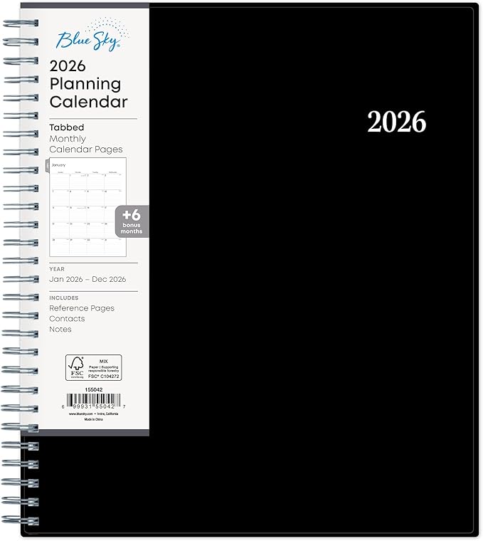 Blue Sky 2026 Monthly Planner Calendar, January 2026 - December 2026, 8" x 10", Monthly Layout, Flexible Cover, Silver Wirebound, Laminated Tabs, Enterprise