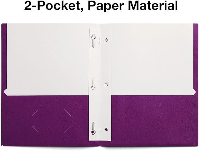 Staples School Grade 2‑Pocket Folders with Fasteners, Purple, Letter‑Size Durable Classroom & Office File Folders, 25/Box