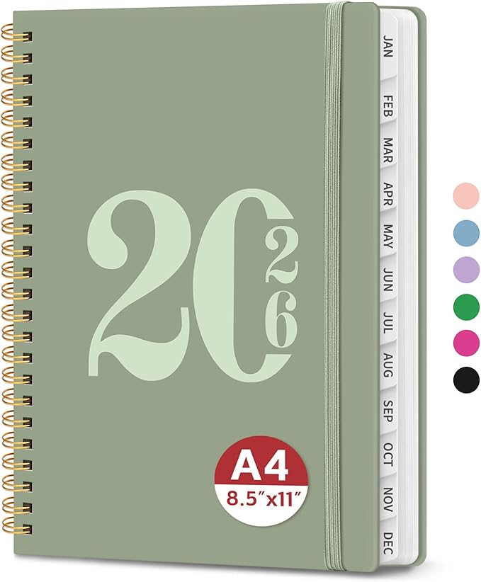 2026 Planner, Weekly and Monthly Calender Planner, Jan 2026 to Dec 2026, Hardcover 2026 Calendar Book with Tabs & Inner Pocket, Office Home School Supplies for Women & Men - A4 (8.5" x 11"), Green