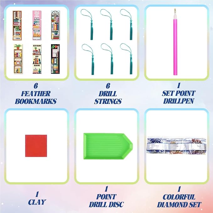 6Pcs Reading 5D Diamond Art Bookmarks Shelves Books Motivational Diamond DIY Painting Bookmarks Rhinestones Beaded Acrylic Tassel Bookmark for Adult Beginner Crafts