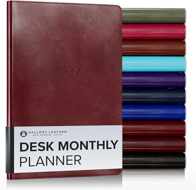 Gallery Leather Desk Monthly Planner 2027, Elegantly Bound Calendar Planner and Notebook with Stylish Gold-Gilded Page Edges, 18 Months - Acadia Deep Red - 8x5.5"