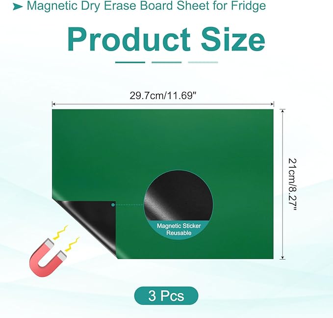 PATIKIL Magnetic Dry Erase Board Sheet for Fridge, 3 Pcs 12 x 8 Inch Erasable Refrigerator Whiteboard for Kitchen for Home Kitchen Organizer Planner Office Storage, Green (1mm)
