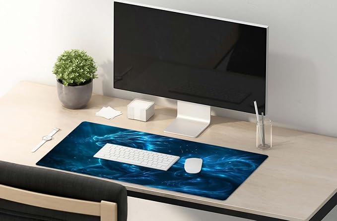 SSOIU Extended Mouse Pad, XXL Gaming Mouse Pads, Large Big Mousepad Laptop Computer Keyboard Mat Desk Pad with Non-Slip Base Stitched Edge for Gaming Office, 35.5 x 15.7 inch, Blue Dragon