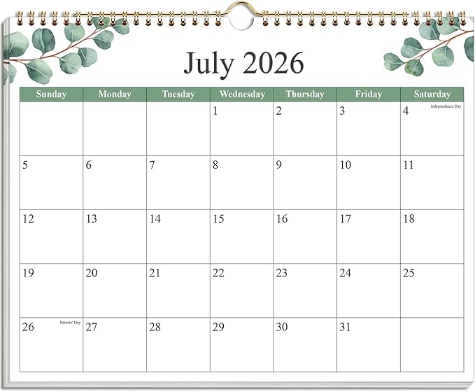 Calendar 2026-2027 - Wall Calendar 2026-2027 from July 2026 to December 2027, 2026-27 Wall Hanging Calendar Planner with Thick Paper, 12" x 14.5", Leaf