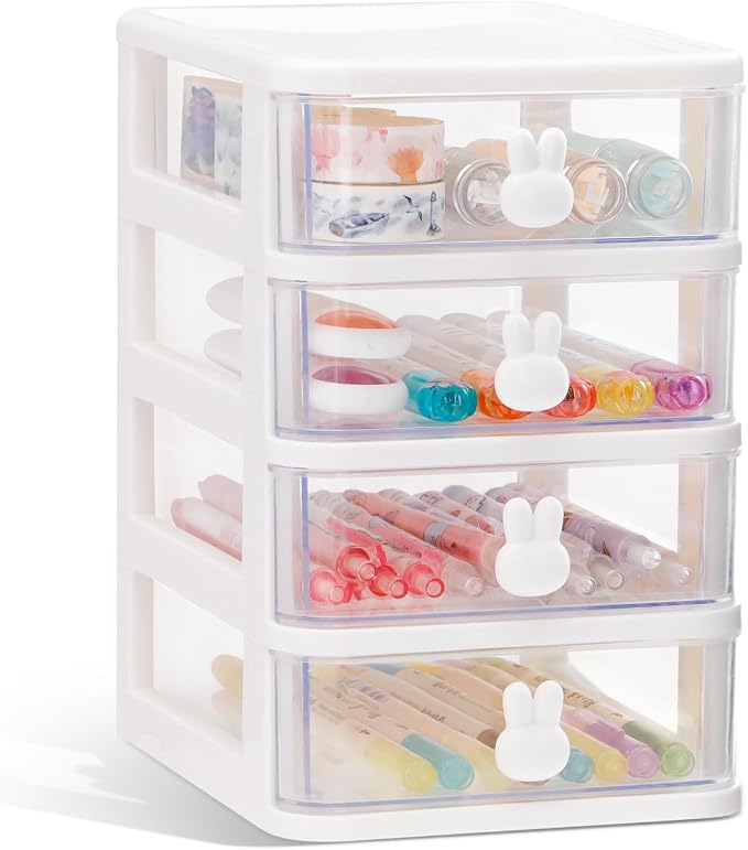 CEYAZYE Small Desk Organizer with Drawer, Stackable Makeup Organizer White, Mini Plastic Storage Box for Desktop, Bathroom Counter or Dresser, School, Home, Office