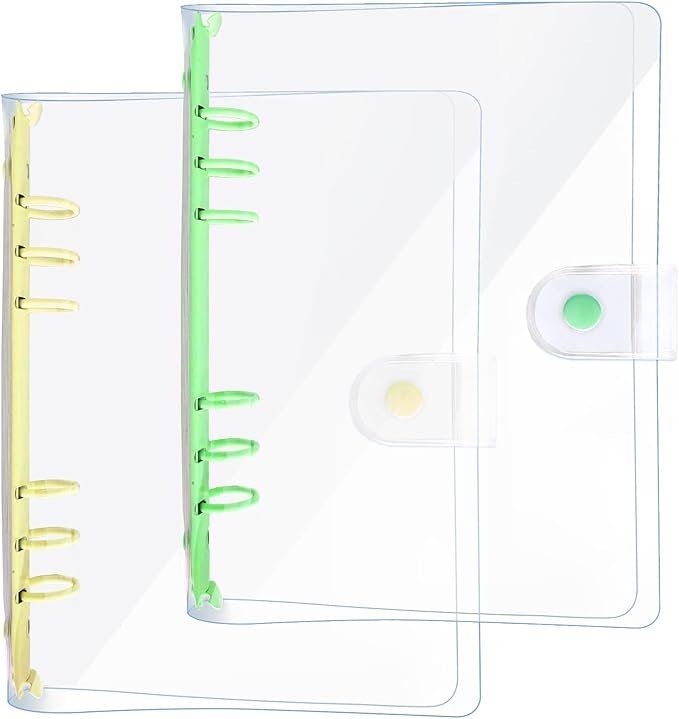 DY.2ten Pack of 2 Transparent Soft PVC 6-Ring Binder Cover with Snap Button Closure for 6 Hole Planner Pages Refill Insert (A5, Clear Cover + Yellow/Green Binder)