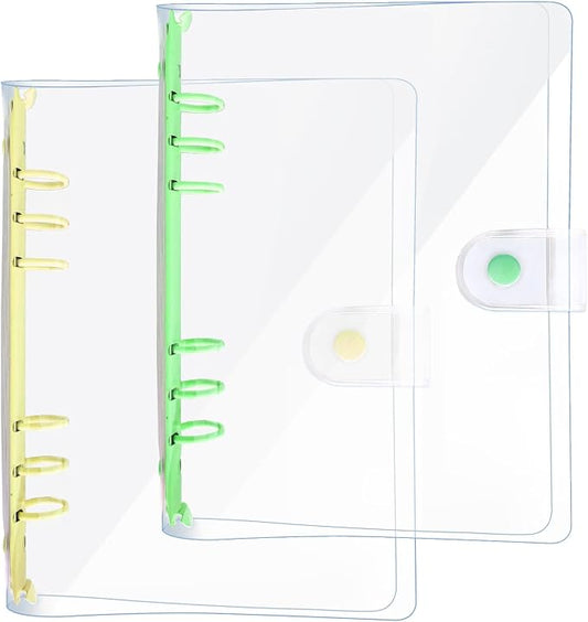 DY.2ten Pack of 2 Transparent Soft PVC 6-Ring Binder Cover with Snap Button Closure for 6 Hole Planner Pages Refill Insert (A5, Clear Cover + Yellow/Green Binder)