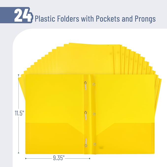 Mr. Pen- Plastic Folders with Pockets and Prongs, 24 Pack, Letter Size, Yellow, Flexible Plastic Folders with Prongs