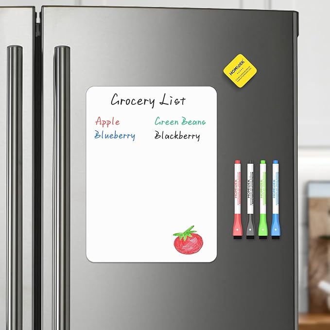 HOMiDEK Magnetic Whiteboard for Fridge, Small Refrigerator Magnet Dry Erase Board with 4 Markers & 1 Eraser, Reusable Blank White Board Sheet for Home, Office, School, Classroom Supplies - 8.5 x 11