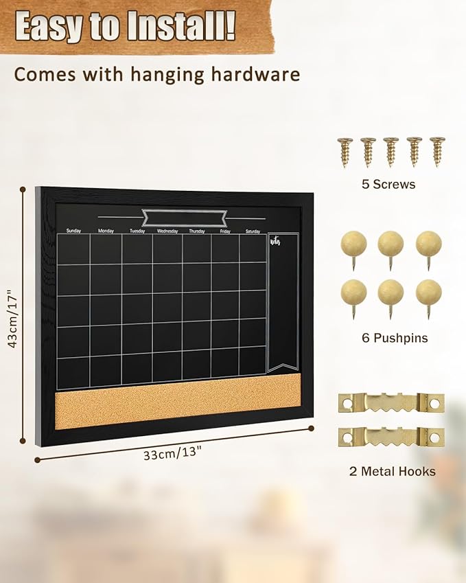 TORASO Magnetic Chalkboard Calendar Corkboard, Small Combination Chalk Board Bulletin Board, 13" x 17",Black Wood Framed Blackboard Calendar Cork Combo Board(ZHHB-BK-3343)