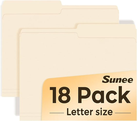 SUNEE File Folders, 18 Pack Manilla Folders 8.5 x 11, 1/2 Cut Tab for Easy Labeling and Organization, Durable Standard Paper for Home, Office, School Filing