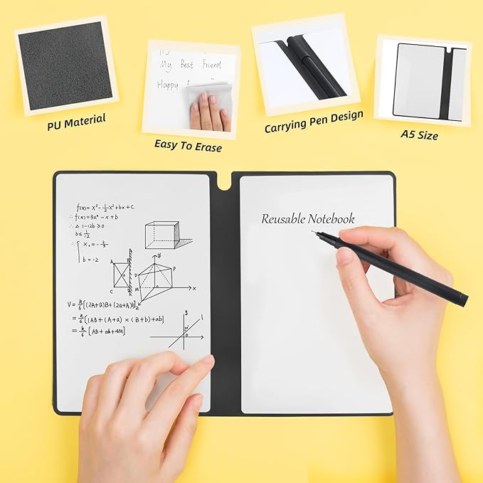 Reusable A5 Dry Erase Notebook Include a Wipeable Pen and Rag,9.5x6.5 Inch Erasable Notebook Whiteboard Notebook,Wipeable Notebook PU Hardcover for Office and Taking Notes(Black)