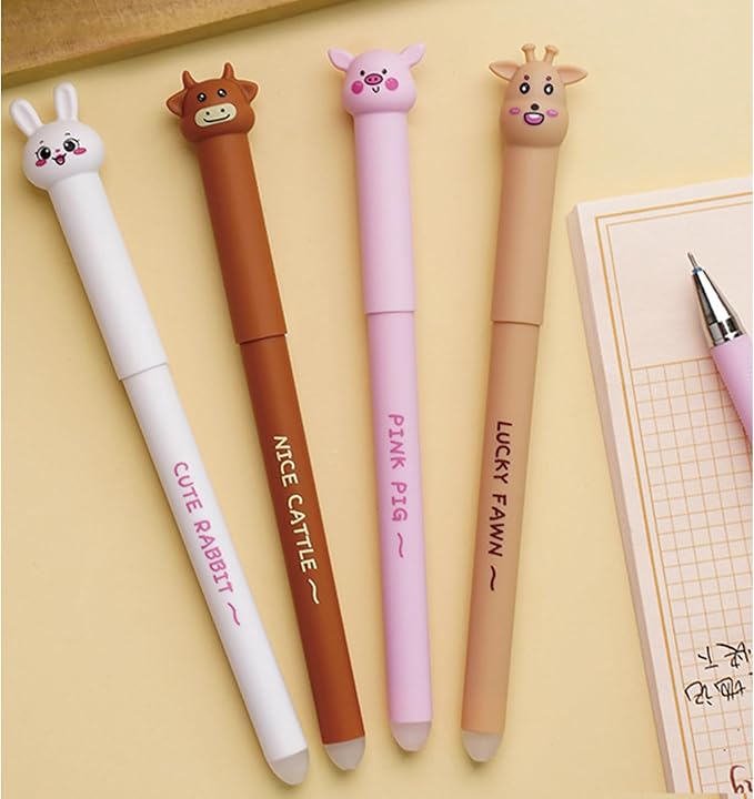 MOZXIRZ 4 Pcs Cute Erasable Pens Cartoon Animal Gel Pen 0.5mm Black Ink Smooth Writing Pen Kawaii Erasable Pens for Women School Supplies Office Supplies (Animal-Black Ink)