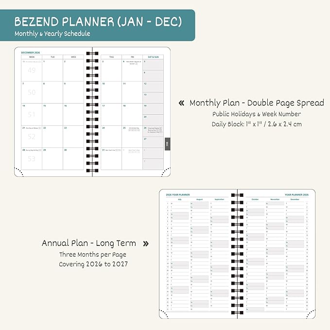 BEZEND Pocket Calendar 2026 Weekly and Monthly (3.5" x 6" Spiral) Small Daily Planner for Purse (Jan-Dec) with Notes & Expenses, Inner Pocket, Pen Holder, Vegan Leather Softcover - Mint Green