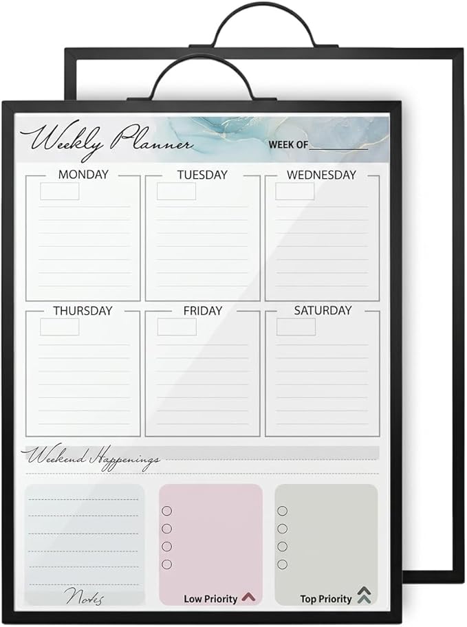 Black Magnetic Dry Erase Whiteboard 12 x 16 Double Sided, Portable Planner Board with Weekly Monthly Sheets, Write and Wipe to Do List Board, Includes 3 Markers Eraser 2 Magnets