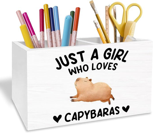 Funny Capybara Pen Holder for Desk, Capybara Lover Gifts Pencil Organizer, Just a Girl Who Loves Capybaras Wooden Box Sign Desk Decor for Home Office Decoration