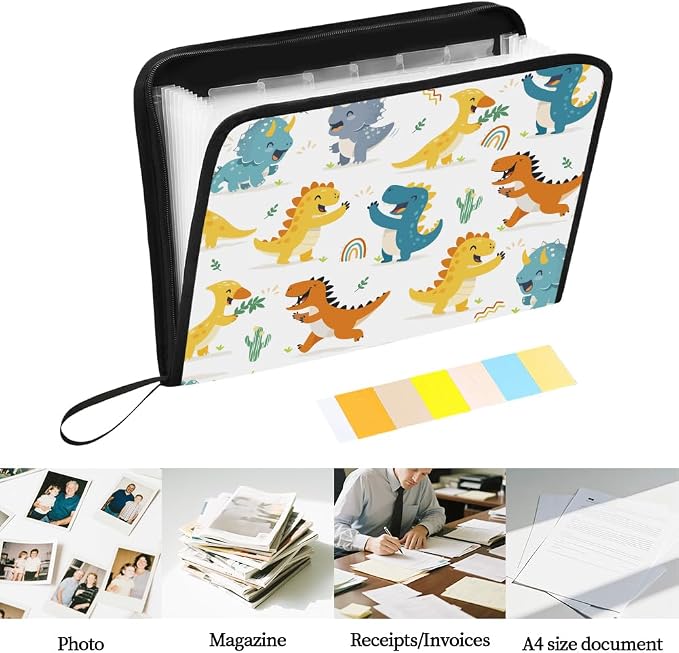 WEBEEDY Abstract Dinosaurs 13 Pockets Expanding File Folder with Labels and Zipper, Cute Dinosaurs Plants Prints Accordion Folder Portable File Organizer for A4 Paper Document Receipt Paperwork Office