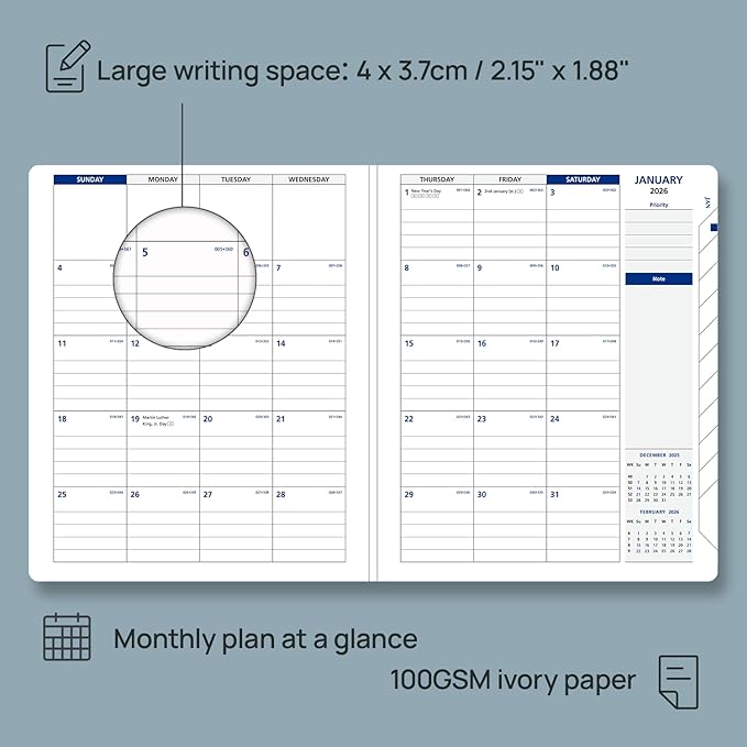 POPRUN 2026 Weekly Planner (Medium 7'' x 8.5''), 30-Minute Hourly Appointment Book (Jan 2026-Dec 2026) with Monthly Tabs, Inner Pockets, Pen Holder, PU Leather Softcover, 100GSM - Night Sky Navy Blue