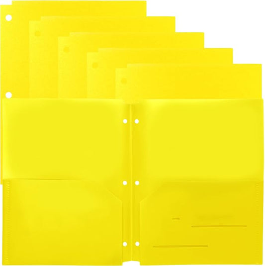 Youngever 6 Pack Heavy Duty Plastic Two Pocket Folders, Binder Dividers with Pocket, 3 Hole Punch Folder with Notches, Binder Folders (Yellow)