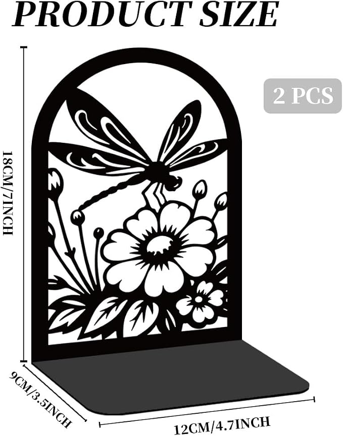 1 Pair Metal Bookends for Shelves, Dragonfly Book Ends Decorative for Heavy Books, Decorative Books Used on Desk, Shelf, Farmhouse for Small, Bookshelf Decor for Shelves Home and Office