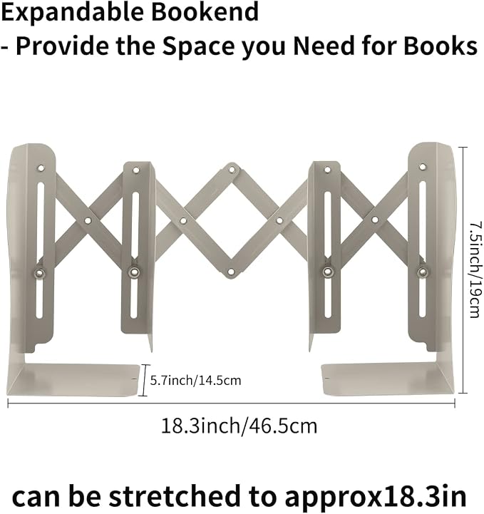 MSDADA Adjustable Bookends, Book Ends for Heavy Books, Expandable Book Organizer for Desk, Shelf, Office, School, for 6 7 8 9 10 11-15 Boys and Girls, Extends up to 19 inches (Beige)