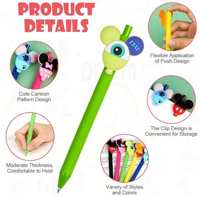 AUAUY 5PCS Cartoon Ballpoint Pens/10PCS Cute Mouse Paper Clips, Cute Mouse Head Character Ears Pens, Retractable Ballpoint Pen/Book File Page Marker Clips for Teacher & Students, Office Supplies Gifts