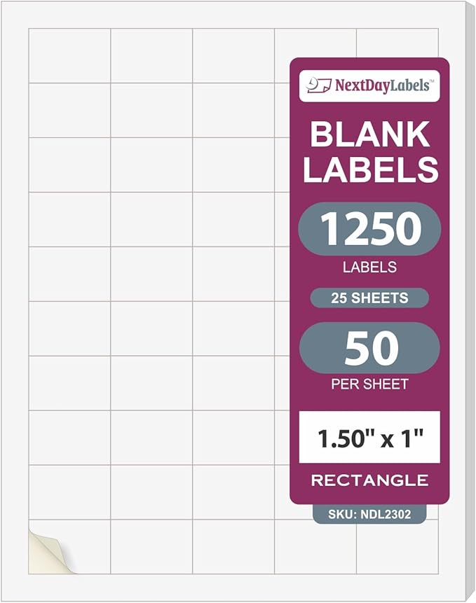 NextDayLabels 1.5x1 Inch Rectangle Stickers White Blank Labels for Laser Inkjet Printer - 50 Per Sheet Self-Adhesive Name Tags Address Barcode, Made in USA - 1250 Labels