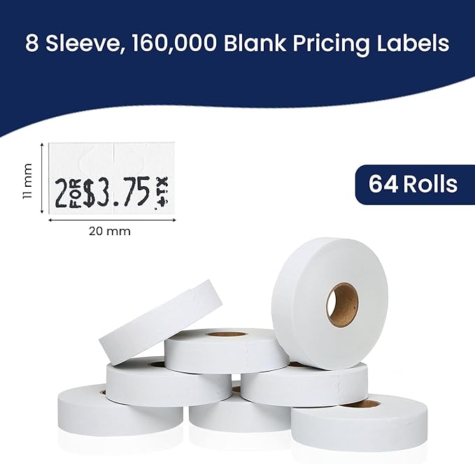 Perco White Pricing Labels for Monarch 1131 Price Gun – 8 Sleeves, 64 Rolls Value Pack - 160,000 Price Marking Labels – with Ink Rolls Included