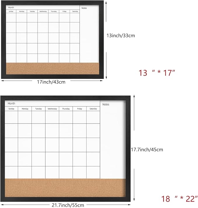 Monthly Calendar Dry Erase White Board & Cork Bulletin Board，13" x 17" Black Wood Frame，Magnetic Surface Whiteboard.Perfect for Organizing Your Space.Whiteboard+Cork-3343B-BK