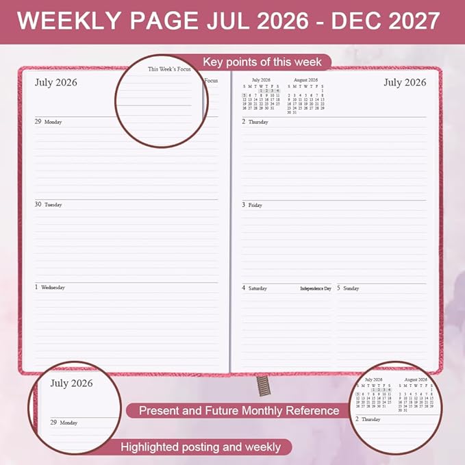 2026-2027 Planner - Weekly & Monthly Planner Runs from July 2026 - December 2027, 5.8" x 8.25", 18 Month Planners, 14 Notes Pages, Inner Pocket, PU Leather Hard Cover, Rose Monthly Planners 2026-2027