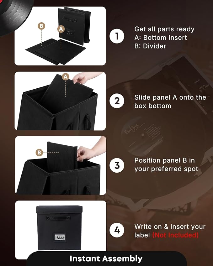 Uniclife Vinyl Record Storage Box, Collapsible LP Storage Organizer with Lid & Handles, Splash-Resistant Album Storage Crate for 80 Single Records (12"), Black Vinyl Record Holder, 13" × 13" × 13"