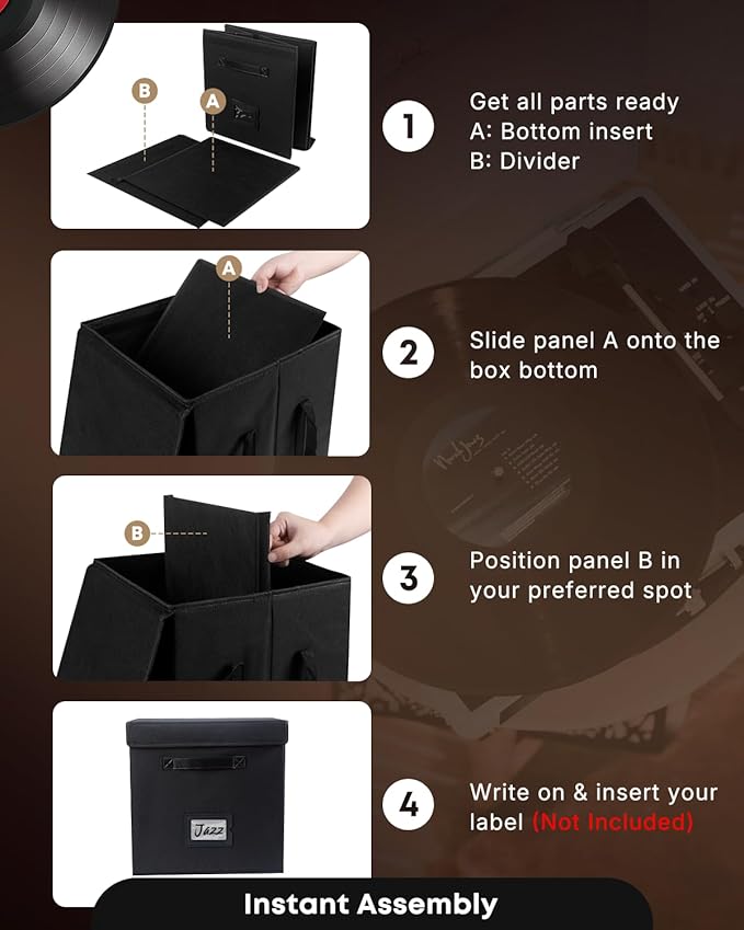 Uniclife 2 Pack Vinyl Record Storage Box, Collapsible LP Storage Organizer with Lid & Handles, Splash-Resistant Album Storage Crate for 120 Single Records (12"), Vinyl Record Holder, 13" × 13" × 13"