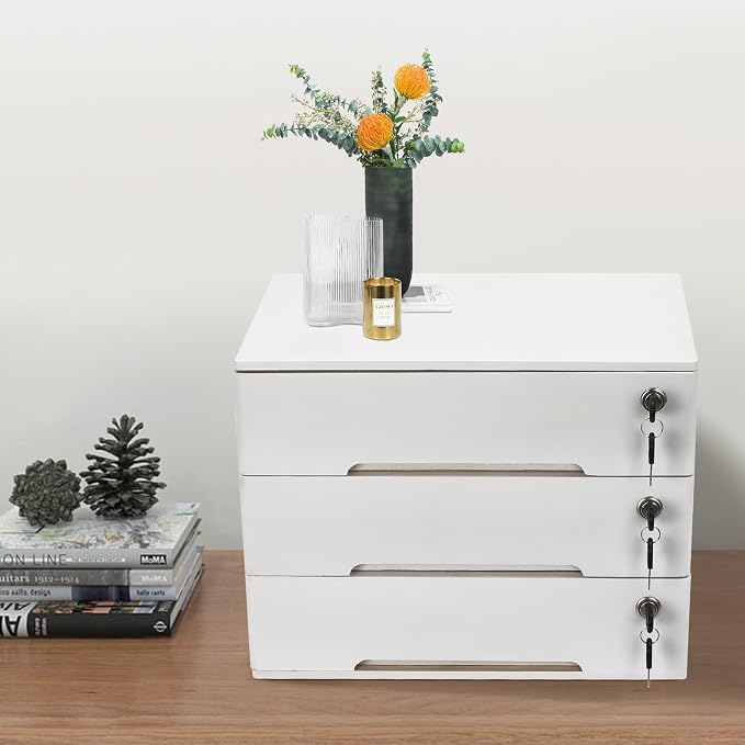 Wooden Desktop Storage Box with Lockable Drawers, Flat File Cabinet Drawer Desktop Storage Box, Countertop Storage Cabinet for Office Home Toiletries Supplies Vanity (White, 3 Drawer)