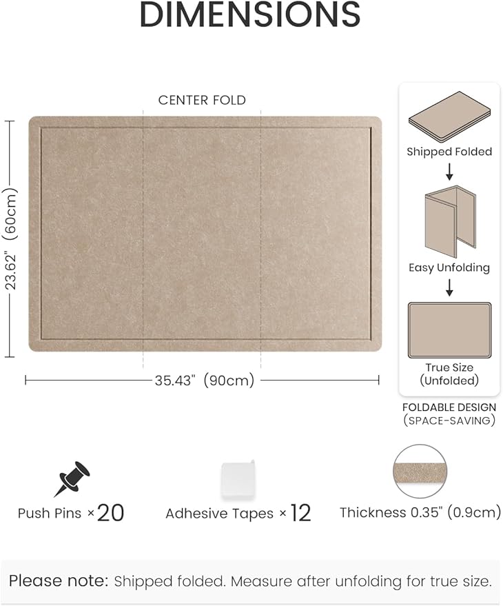 Fluxynara Bulletin Board,35.4" x 23.6" Cork Board Alternative with 12 Safe Removable Adhesive Tabs, Foldable Felt Pin Board for Home Office, Classroom, Bedroom,Entryway for Walls—Taupe