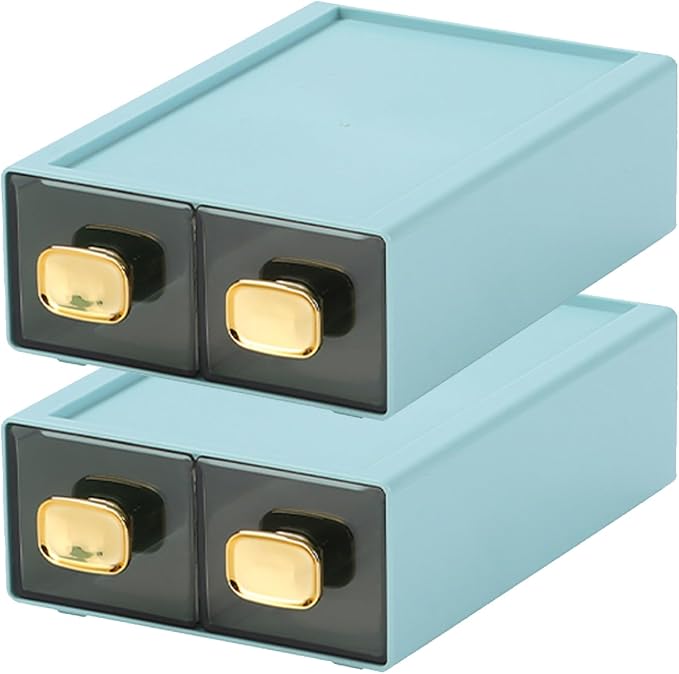 Spacious Desk Drawers, Stackable Desktop Organizer, Plastic Storage Box for Office, School & Home Supplies (4 Small Drawers, CYAN)