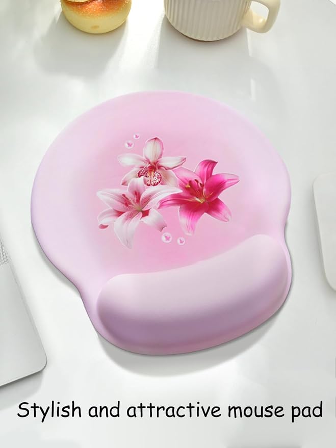 Lily Floral Mouse Pad Wrist Support Wrist Rest, Flower Ergonomic Mouse Pad with Non-Slip Base for Office Gaming Working Computers,Desk Accessories Pain Relief Mouse Mat, White