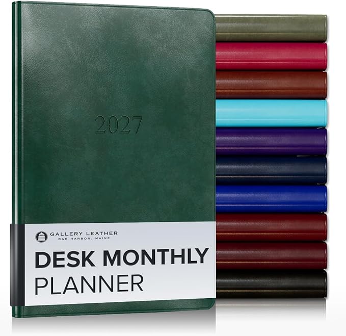 Gallery Leather Desk Monthly Planner 2027, Elegantly Bound Calendar Planner and Notebook with Stylish Gold-Gilded Page Edges, 18 Months - Acadia Green - 8x5.5"