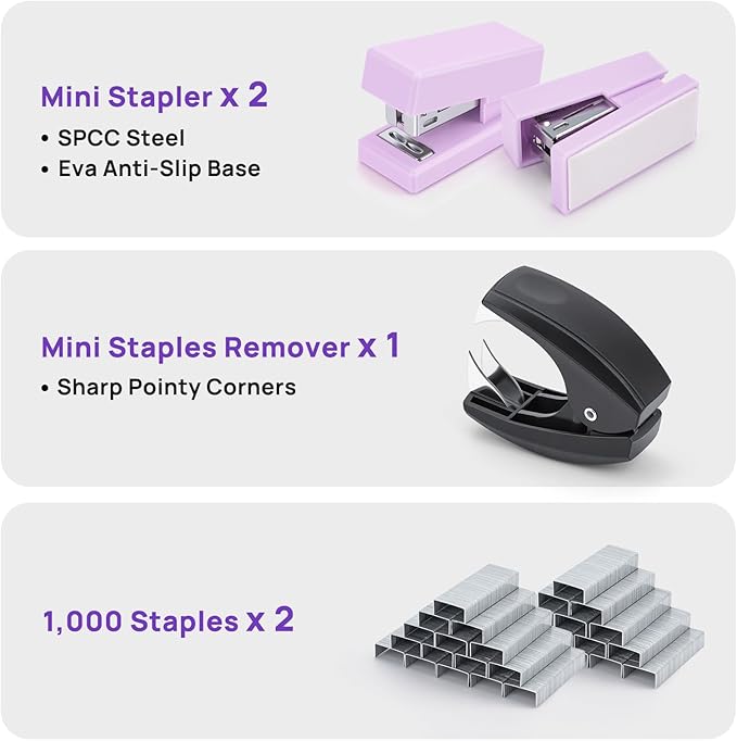 Mini Stapler with 2000 Staples, 30 Sheet Capacity, Jam-Free Small Desktop Stapler with Staple Remover, Cute Desk Stapler for Office, School and Home (Purple)