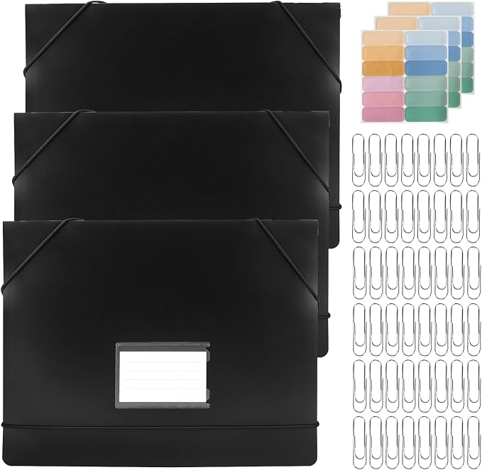 3 Packs Plastic Expanding Hanging File Folders with 3 Sheets Sticky Notes & 100 Paper Clips 7 Innovative Accordion Pockets, Large Capacity, Multi-Color Tabs for Filing Cabinet