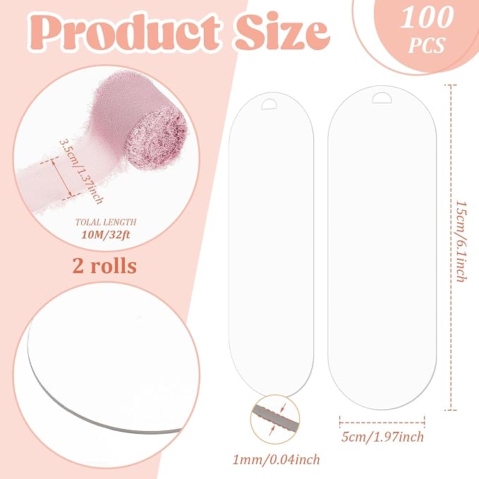 Yeaqee 100 Pcs Acrylic Bookmark Blanks Clear Bookmarks Acrylic Tags with 2 Rolls Ribbon DIY Craft Transparent Bookmark for Reading Lovers for School Presents(6 x 2 Inch,Dusty Pink)