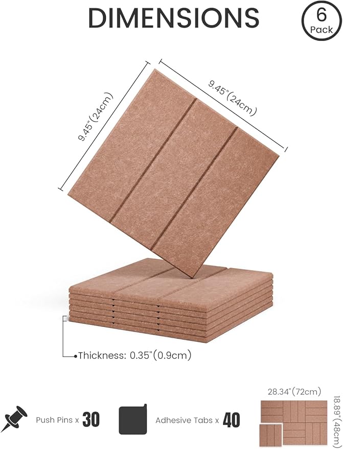Felt Bulletin Board Tiles -28"x18" with 40 Adhesive Tabs, Cork Board Alternative for Office Decor, Push Pin Board Wall Organizer 6-Pack(Terracotta)