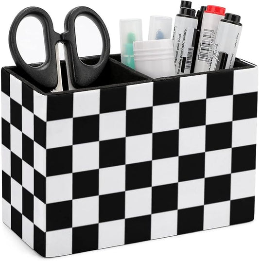 Black and white checkered pen holder storage box, with two compartments, PU leather desktop for storing pens and cups, small items organizer