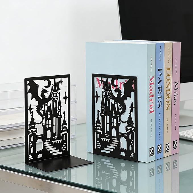Book Ends, Bookends, Book Ends for Shelves, 1Pair Non Skid Metal Book Divider Decorative Holder, Abstract Art Desgin Book Stopper Supports for Office, Home (Dragon D)