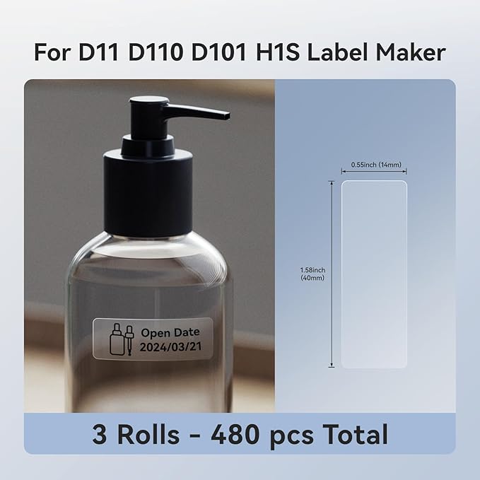 NIIMBOT D11 Label Maker Tape D110 Labels 3Rolls, Self-Adhesive Labeling Tape Replacement 0.55" X 1.57" (14 X 40mm) Thermal Label Refills for Home Office School, 480 Labels/3Rolls, Clear
