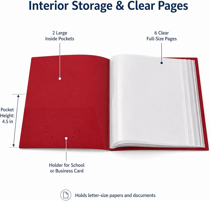 Ultra PRO - 50 Pack Red Heavy Duty 2-Pocket Folders with 6 Clear Internal Pages, Waterproof Poly Project Organizer for School and Office, Fits 8.5 x 11 Letter Size, Customizable Clear Covers
