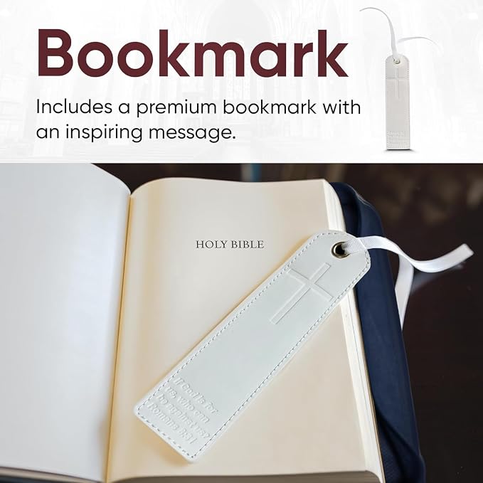 Bible Case (U.S. Patent Pending), Vibrant & Inspiring Bible Cover, with Romans 8:31 Bookmark, Blue Bible Cover Case for Women or Men, Elegant Bible Bag, Durable PU Leather Book Cover