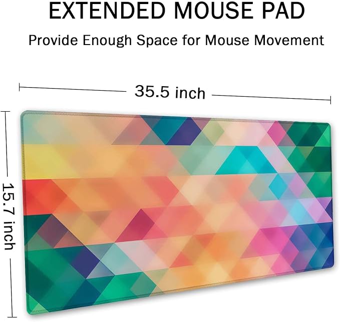 SSOIU Colorful Triangles Print Extended Gaming Mouse Pad (35.5x15.7 in), Large Non-Slip Rubber Base Mousepad with Stitched Edges, Waterproof Keyboard Mouse Mat Desk Pad for Work, Game, Office, Home