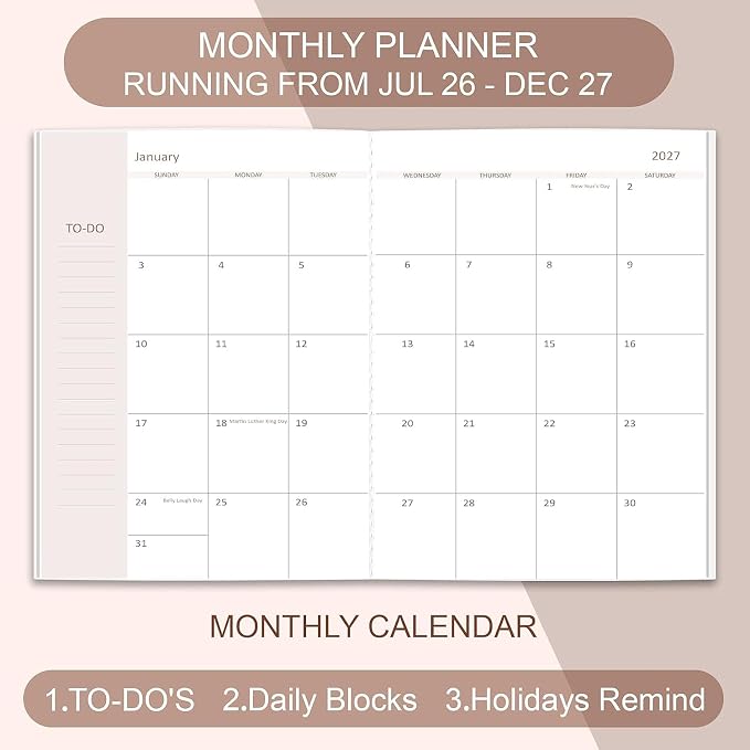 2026-2027 Monthly Planner - Month Calendar from July 2026 - December 2027, Monthly Planner 2026-2027 Easy to Organize Your Daily Life, 5.8" x 8.25", Pink flower
