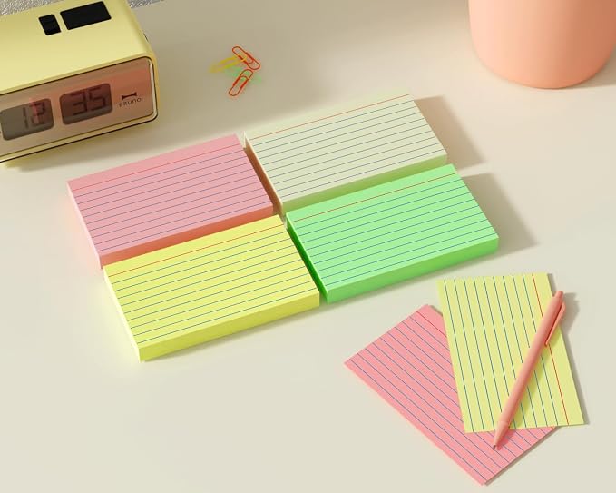 200 PCS Colored Index Cards 3x5, Ruled Index Cards, Flash Cards for Studying, Heavy Note Cards for Office, Home and School，Light Red/Green/Yellow/Beige 4 Colors, 50 PCS of Each Color